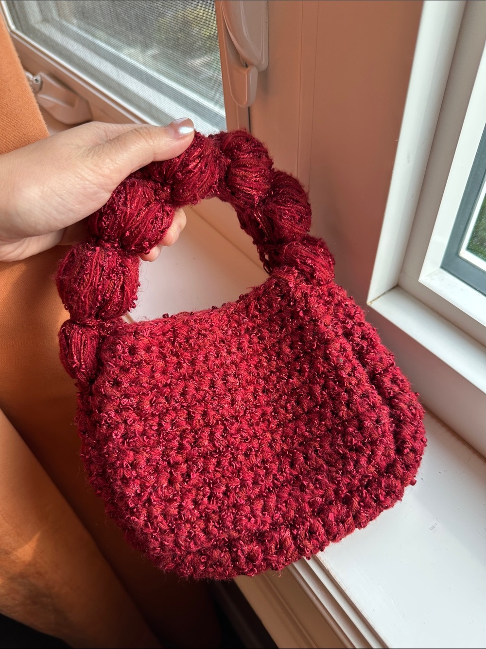 Handmade Hand Crochet Red Crochet Knit Textured Top Handle Mini Bag